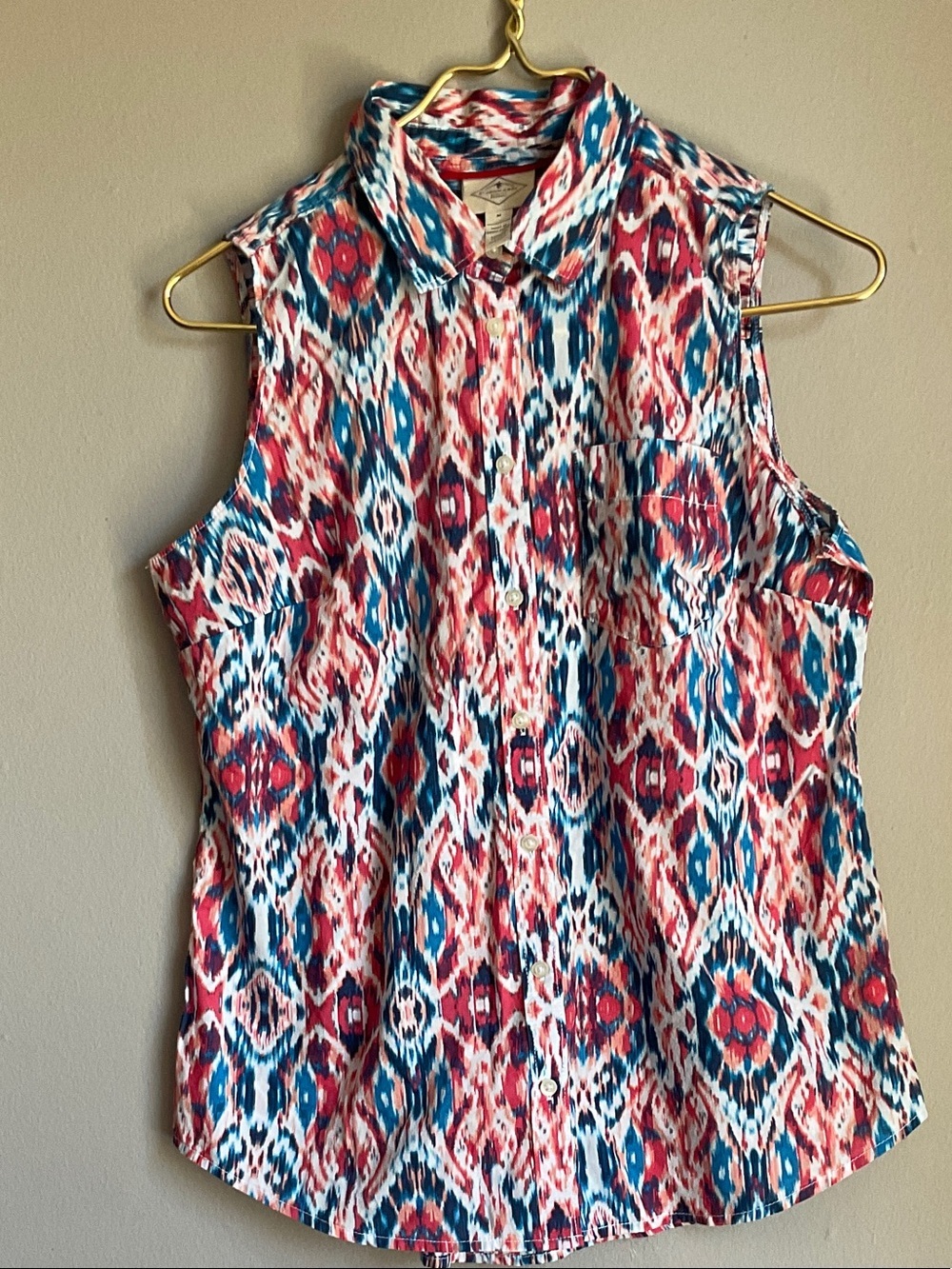 St. John's Bay Sleeveless Ikat Button-Down Top in Red, Blue & White